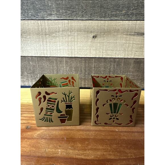 Set of 2 PartyLite SOUTHWEST Holiday Square TealIght Candle Holder Stained Glass - Picture 1 of 6